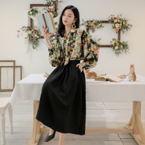 New 2020 vintage Hong Kong flavor big flower print shirt black strap high waist long swing skirt set