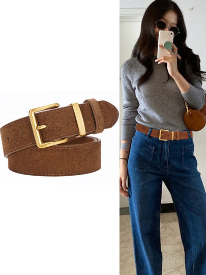 Brown Genuine Leather Women's Belt, 2025 New Model, Suitable for Jeans, High-End Suede Leather Belt for Women