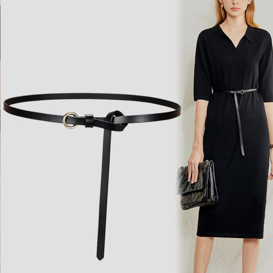 Black Genuine Leather Knotted Belt for Women, Decorative Summer Dress Belt, Suitable for Suits, Shirts, and Trousers, Fashionable and Versatile Belt