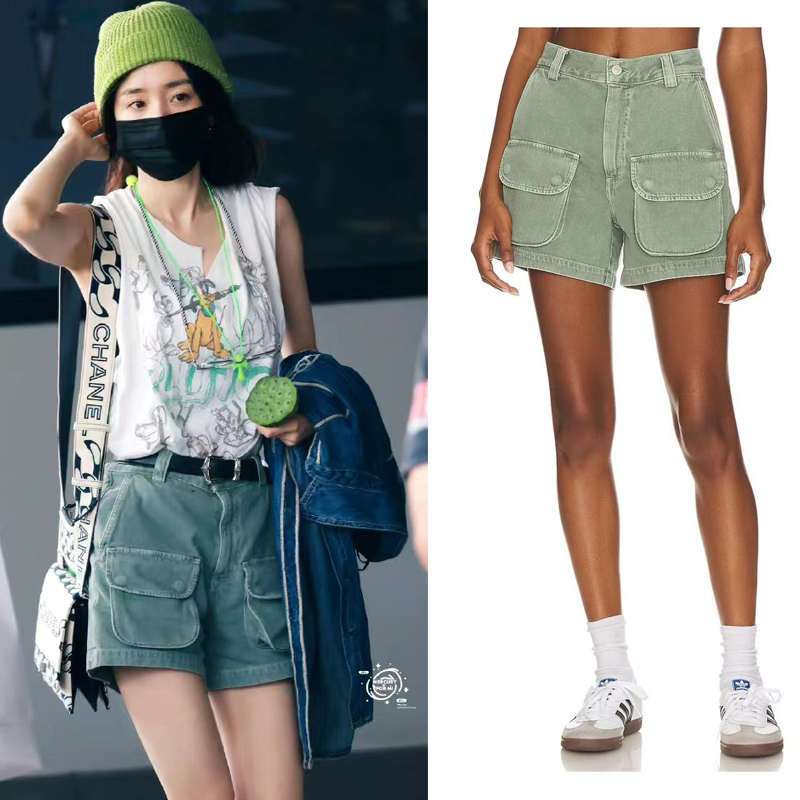 Yang Mi's Same Style Agolde Denim Shorts Women's Summer A-Line Hot Pants Slimming Look Wide Legs High Waist Large Flap Pocket Pants Cargo Shorts
