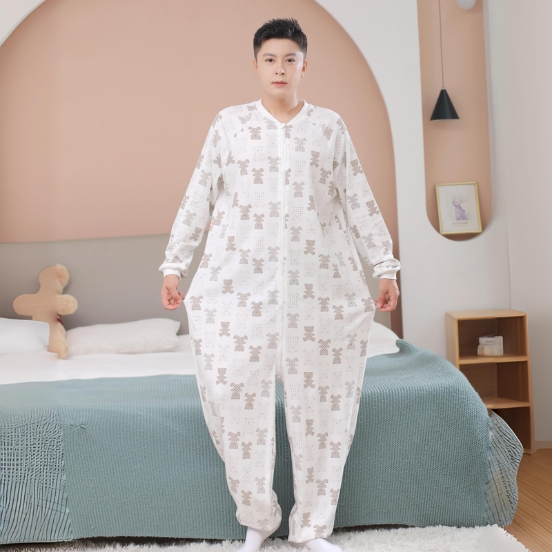 Adult One-Piece Pajamas for Men, Men's Spring and Autumn All-In-One Loungewear, Spring and Autumn Pure Cotton Large Size Jumpsuit, Long-Sleeved with Zipper