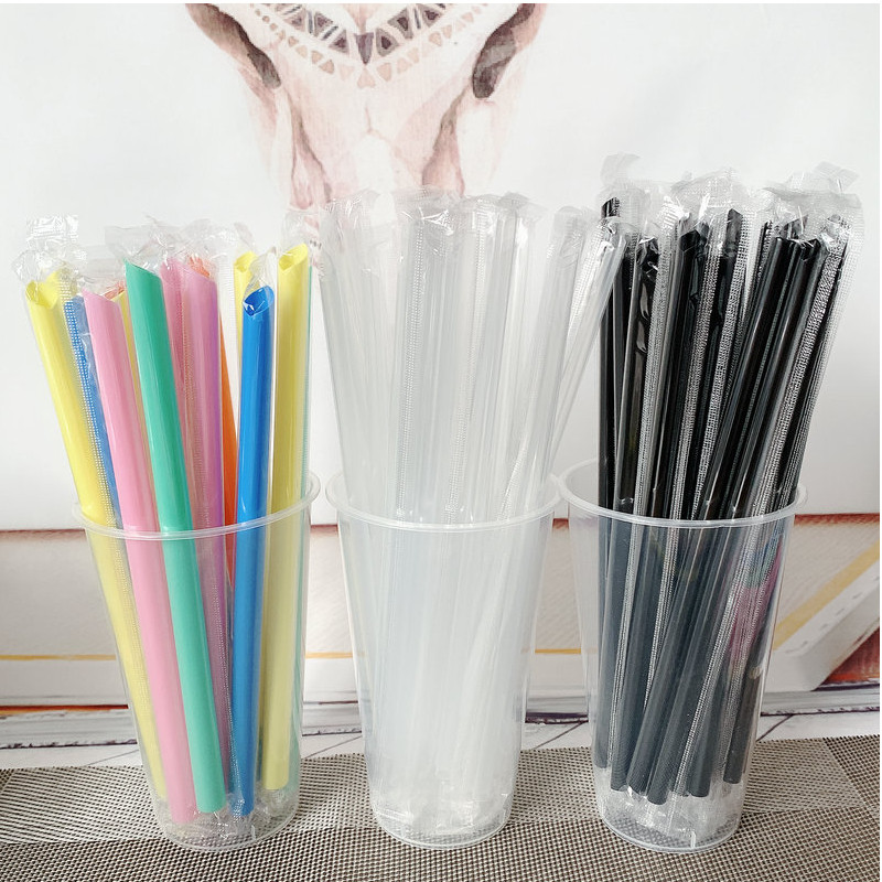 Disposable single independent lengthened thin black color 21cm coarse plastic food grade transparent pearl milk tea straws