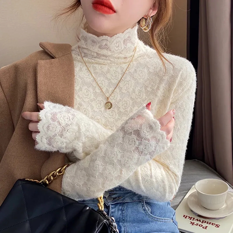 Fleece-Lined White Base Shirt for Women, Stylish Autumn and Winter Half-High Collar Long-Sleeve Lace Versatile and Beautiful Unique Top Fleece-Lined White Base Shirt for Women, Stylish Autumn and Winter Half-High Collar Long-Sleeve Lace Versatile and Beautiful Unique Top