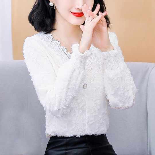 加绒/薄款洋气打底衫女秋冬装2025气质V领蕾丝边雪纺衫超仙气上衣