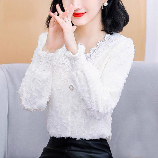 加绒/薄款洋气打底衫女秋冬装2025气质V领蕾丝边雪纺衫超仙气上衣