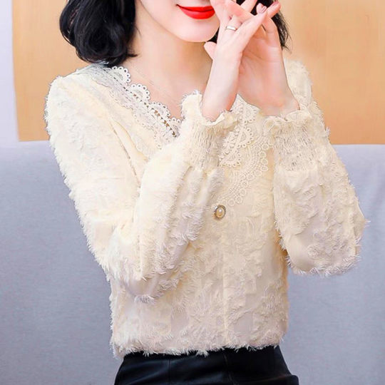 加绒/薄款洋气打底衫女秋冬装2025气质V领蕾丝边雪纺衫超仙气上衣