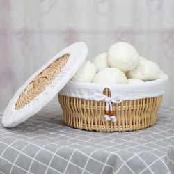 Rattan Steamed Bun Basket, Round Tabletop Woven Fruit Basket with Lid, Food Storage Basket, Household Wicker Bread Basket