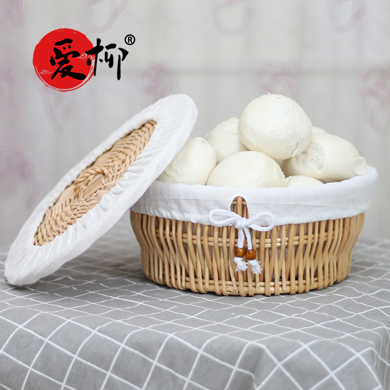 蓋付きの業務用丸型籐製蒸しパンかご、昔ながらの蒸しパンかご、平たいパン用の食品保存かご、家庭用かご。