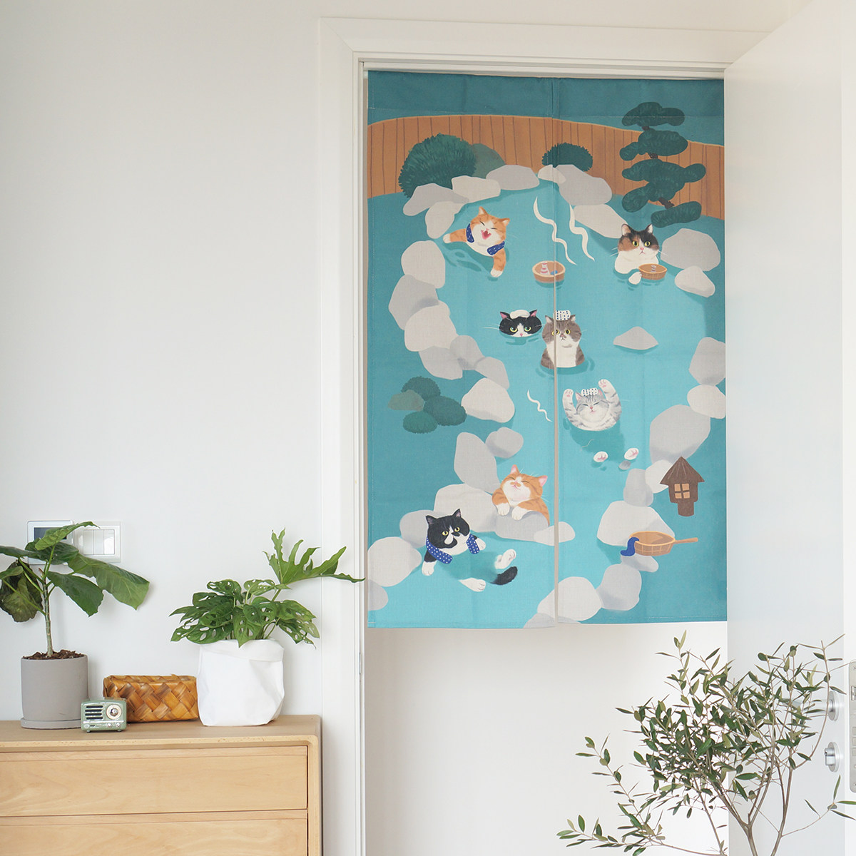 Miaoji MEWJI original cat illustration Japanese-style cotton and hemp door curtain fabric art partition Fengshui curtain five types without punching