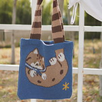 MEWJI Inexplicable Original Cute Kitty Blue Day Ensemble Teenage Girl Retro Knit Casual 100 Lap Single Shoulder Bag Knit