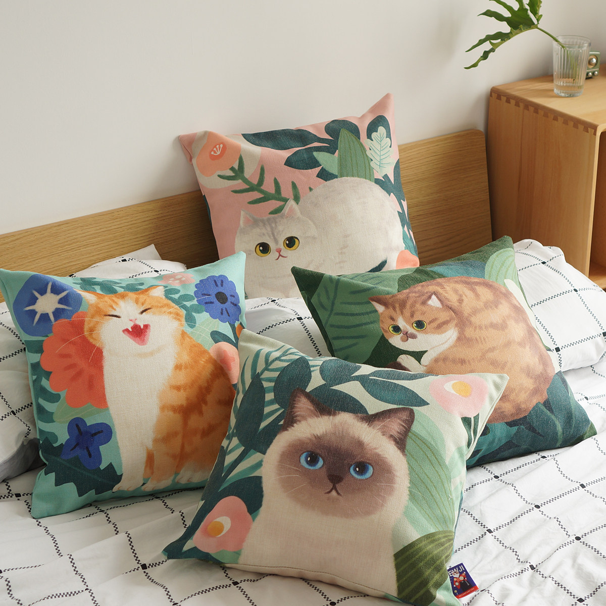 Miaoji MEWJI Original Illustration Pillow Cute Cat Cotton Linen Plant Cat Cushion Sofa Bed Lumbar Pillow