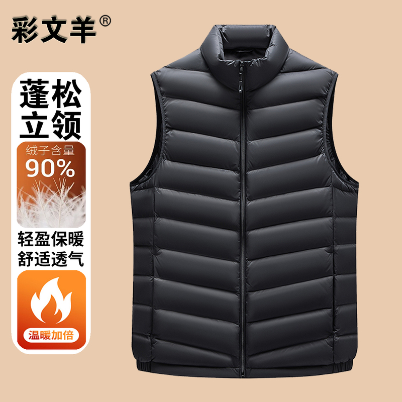 Men's Colorful down Vest with Stand Collar, 90% Duck Down, Lightweight and Warm, Suitable for Outerwear or Layering, Black Sleeveless Vest