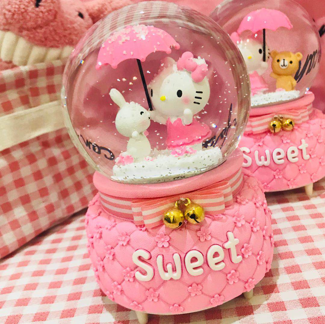 Pink Children Birthday Gift KT Cat Send Girl Friend Bestie Spinning Glowing Crystal Ball Music Box Octaphonebox 8 Soundbox
