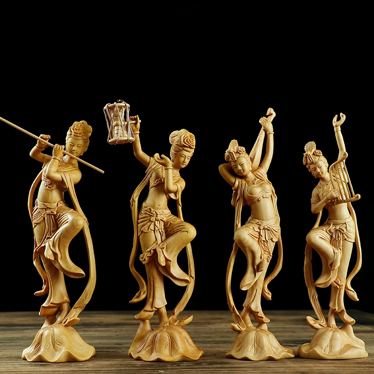 Yellow Yang wood carving swing piece Dunhuang flying days four-tone Beauty Beauty boutique solid wood characters Living room Decorative Creative Engraving Crafts