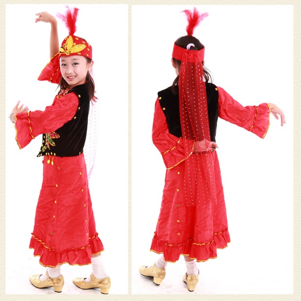 Tân Cương Cô gái Biểu diễn Múa Trang phục Trẻ em Xiêm Sân khấu Hiện đại Váy múa Uygur Trang phục Mũ áo trẻ em