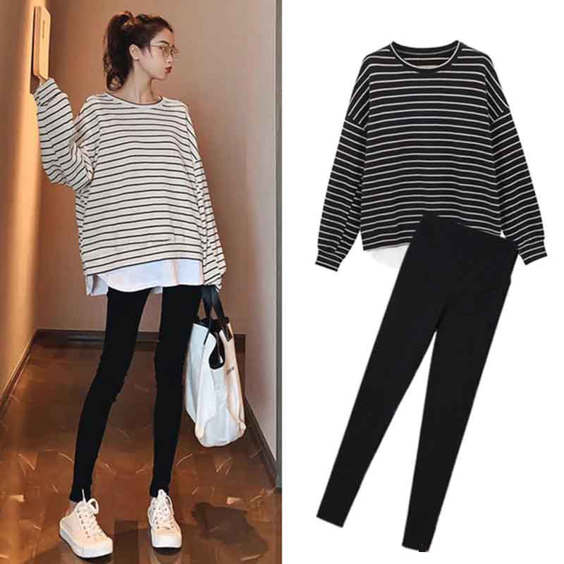 Pregnant women's autumn suit tide hot mom leisure and loose and thin striped tops with two pieces of pants