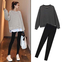 Pregnant women autumn suit tide hot mom casual casual fashion loose slim striped top leggings two-piece leggings