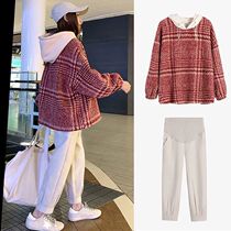 Pregnant womens autumn and winter suits trendy mom out of fashion foreign-style hairy jacket wide-leg pants two-piece set