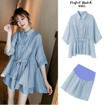 Pregnant Women summer suit chiffon loose shirt wide leg belly shorts two-piece set tide hot mom casual fashion