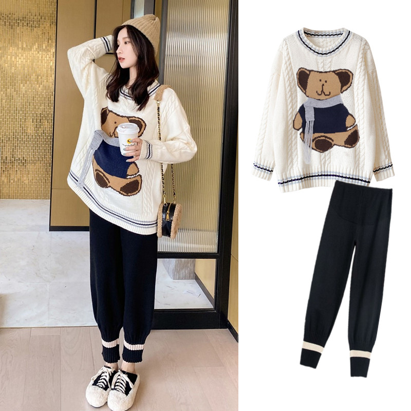 Pregnant women autumn suit fashion Mother outgoing Yang Pi Red Knitted Sweater relaxed autumn and winter two sets