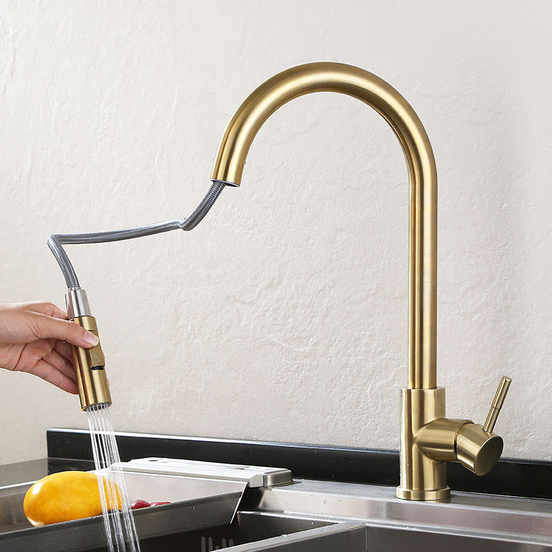 304 Stainless Steel Pull-Out Faucet Sensor Kitchen Retractable Faucet Brushed Gold and Black Touch Faucet Hot and Cold