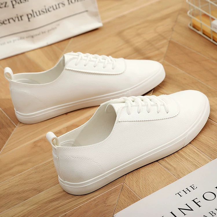 Màu trắng tinh khiết PU giày thông thường Giày da giày vải Hàn Quốc - Plimsolls