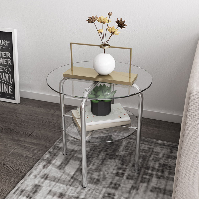 Japan-style tempered glass tea table stainless steel extremely minimalist round side table folk and sofa light extravagant net red biker round table