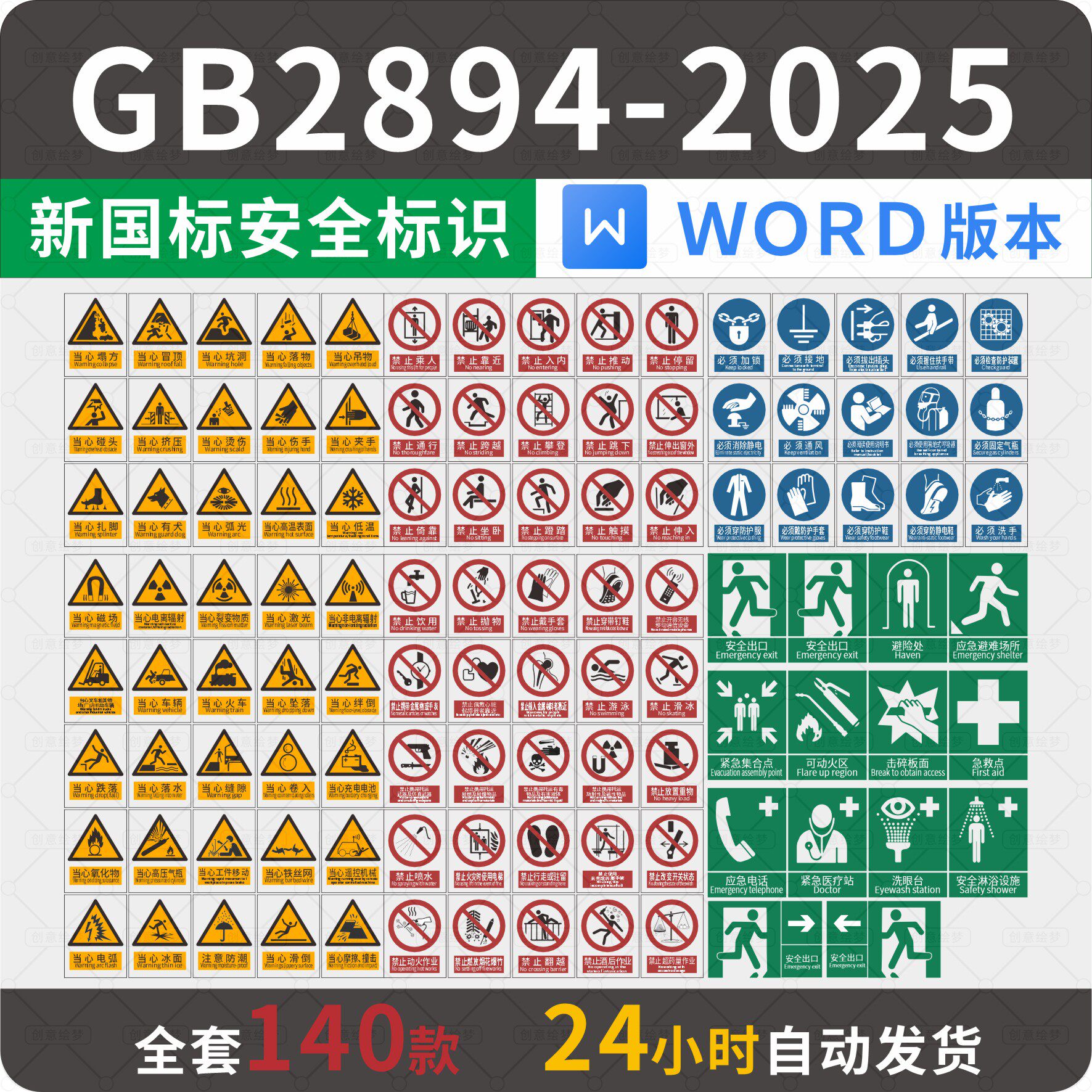 WORD可编辑全套新版GB2894-2025新国标安全标识牌素材电子版模板