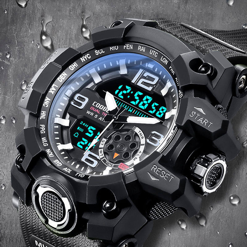 50 meters waterproof men's watch trend middle and high school student watch sports machinery youth Chinese New Year's Eve light double display electronic watch