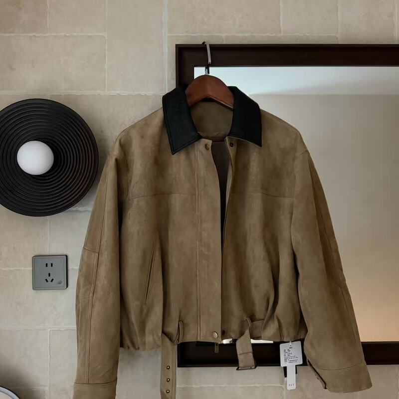 [Caramel Coffee] 8.17 American Retro Leather Collar Faux Suede Jacket, Jacket Length 55, Bust 116