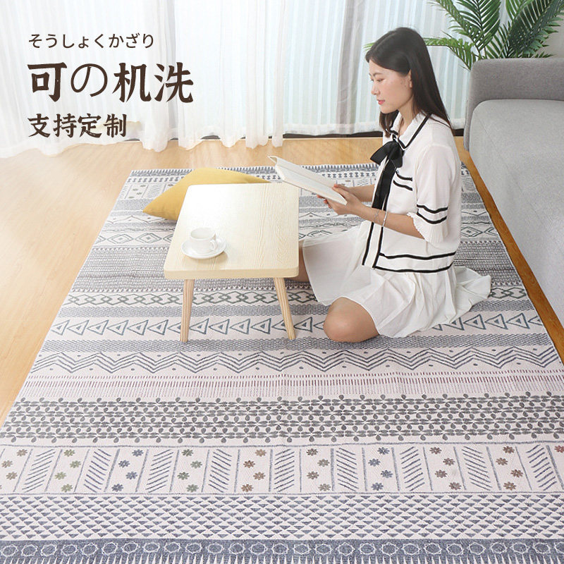 Nordic cotton and linen woven carpet camping picnic mat simple living room sofa floor mat bedroom bedside blanket machine washable portable