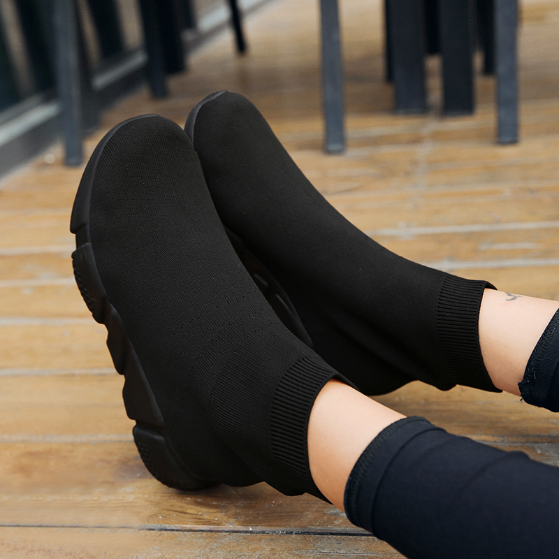 Pure Black Work Shoes for Women, Spring High-Top Elastic Sock Shoes, Black Sneakers, Versatile Sock Boots, Lightweight Knit Boots