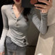 Chic and Unique V-Neck Long-Sleeve T-Shirt for Women, Early Autumn New Style, Slim Fit, Hong Kong Style, with a Touch of Sophistication, Revealing Collarbone, Button-Up Top, Chic