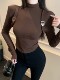 Sexy Black High-End Top for Women 2025 Autumn and Winter, Small High Collar, Strap Design, Exposed Navel, Short Style, Brushed T-Shirt