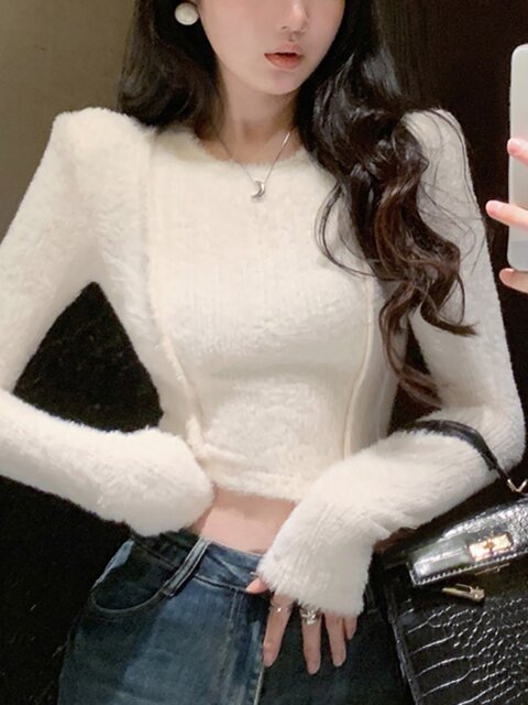 Niche Round-Neck Women's Sweater Base Shirt 2025 Autumn and Winter New Style Hot Girl Fleece-Lined Crop Top Long-Sleeve Outerwear