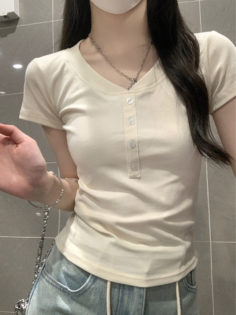 Solid Color V-Neck Simple Button Versatile Slim-Fit Short-Sleeve T-Shirt for Women, New Summer Hong Kong Style Hot Girl Short Top