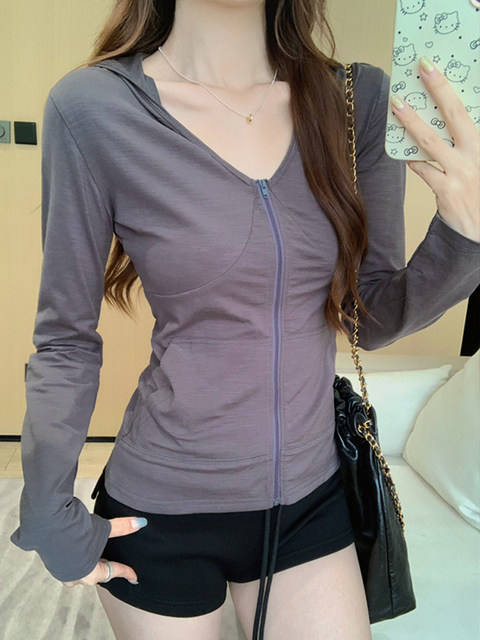 Pure Desire Style White Hooded V-Neck Zipper Cardigan for Women, Spring Korean Style Long-Sleeve Slim Fit Versatile Sun Protection Top