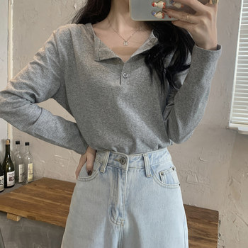 Korean Style Half-Open Collar Gray Long-Sleeve T-Shirt for Women, Early Spring New Style, Simple Casual Loose Fit, Regular Shoulder, Versatile Base Shirt ins