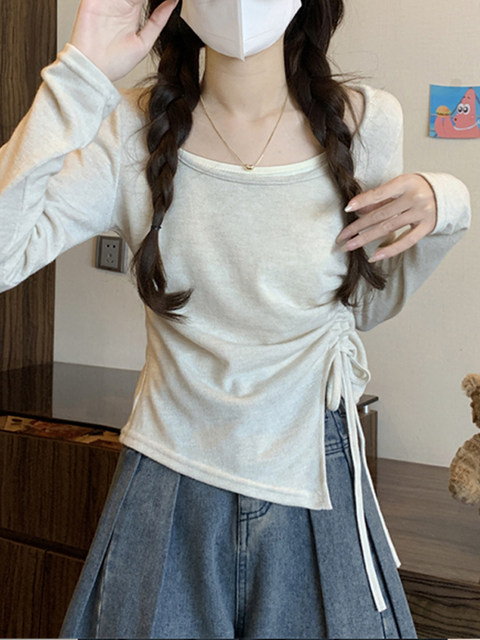 French-Style Sweet Slim-Fit Long-Sleeve T-Shirt for Women 2025 Autumn Color-Blocking Design Fake Two-Piece Drawstring Slit Top