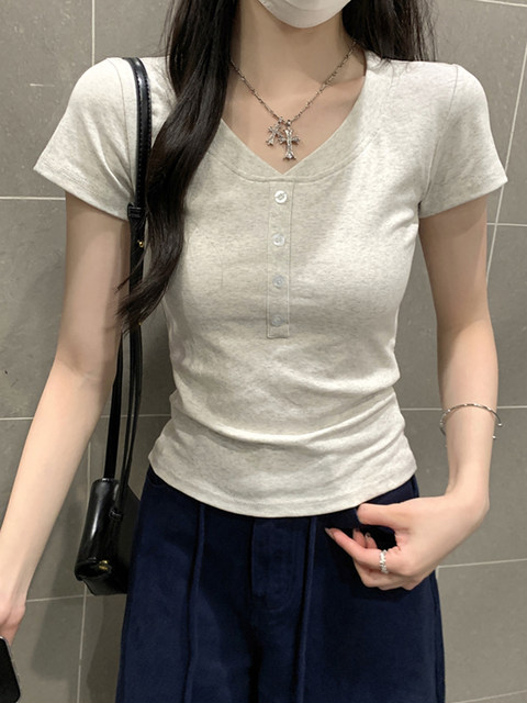 Solid Color V-Neck Simple Button Versatile Slim-Fit Short-Sleeve T-Shirt for Women, New Summer Hong Kong Style Hot Girl Short Top