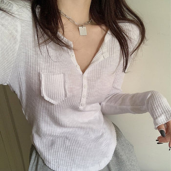 Pure and Alluring Style, Unique Button Half-Open Collar Long-Sleeve T-Shirt for Women, New Spring Slim-Fit Pocket Pure Cotton Base Shirt ins