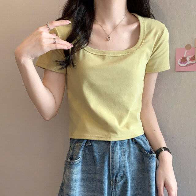 Korean Style Square Neck Collarbone-Exposing Short-Sleeved T-Shirt for Women, New Summer Style, Simple Solid Color, Slim Fit, Versatile Short Top