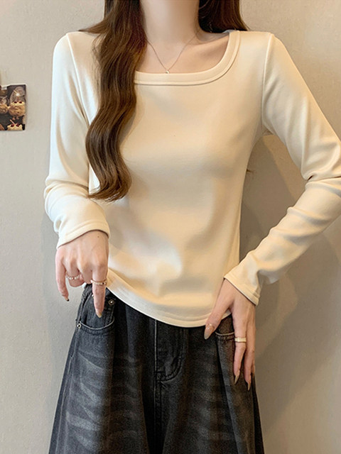 Fleece-Lined, Thickened, Warm Long-Sleeve T-Shirt, Base Layer for Women, 2024 Autumn and Winter, Irregular Hem, Gray, High-End Feel Top