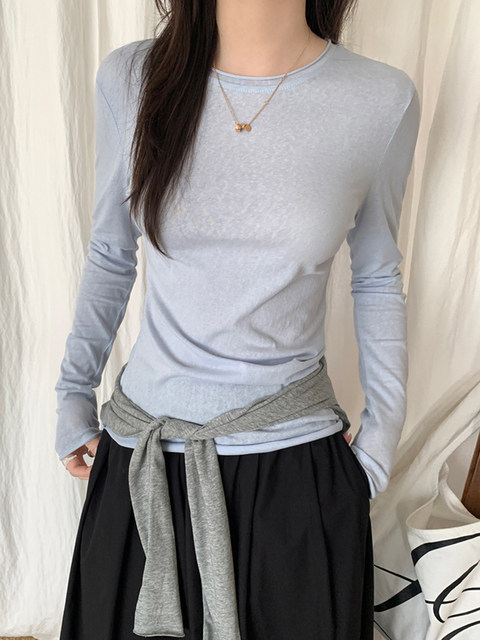 Korean Style Slim Fit Thin T-Shirt for Women, Spring and Autumn, Rolled Edge Design, Sun Protection Cover-Up Pullover Top ins