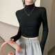 Korean Style Gray Half-High Collar Long-Sleeved Bottoming Shirt for Women, New Autumn and Winter Style, Chic Pleated Slim Fit Short Top