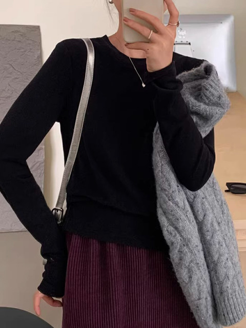 Solid Color Round Neck Long-Sleeve T-Shirt for Women, 2024 Spring New Style, Simple Basic Style, Soft and Comfortable Inner Layer Top ins