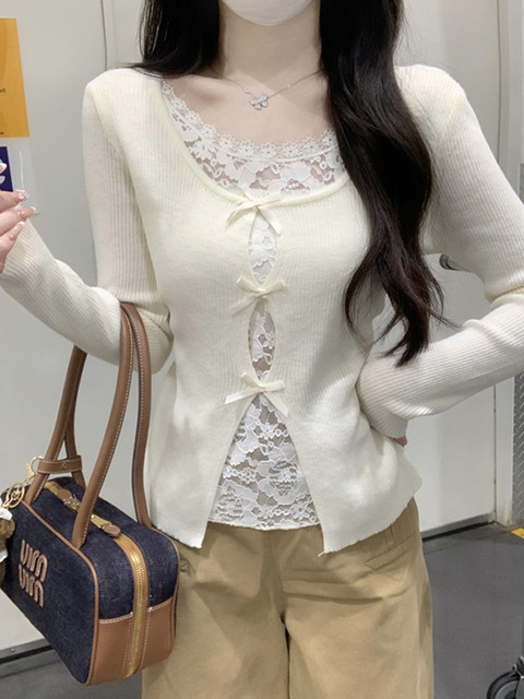 Lace Splicing Fake Two-Piece Bow Square-Neck Knit Top for Women, Super Pretty and Unique with a High-End Feel, Stunning Top for Autumn