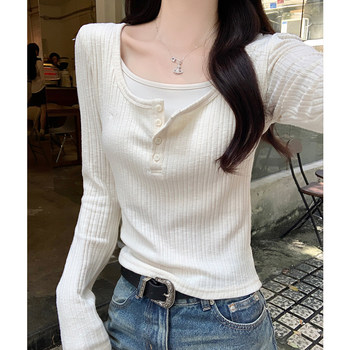 Apricot-Colored, Gentle and Elegant, Slim-Fitting Long-Sleeved T-Shirt for Women, New Autumn Style, Fake Two-Piece, Half-Open Collar, Slim and Unique Base Shirt