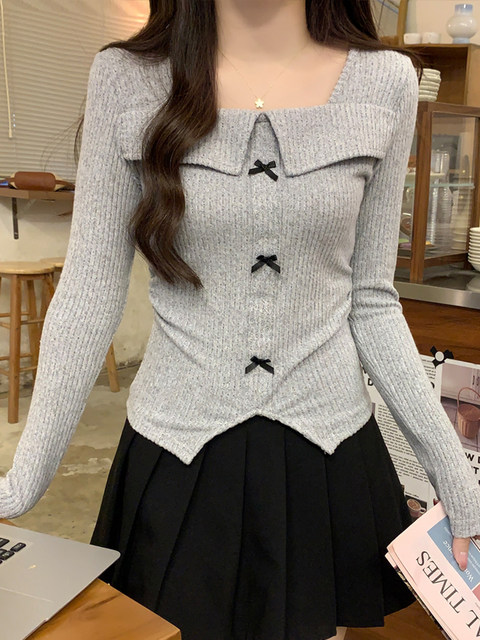 Square Neck Bowknot Three-Dimensional Decorative Long-Sleeve T-Shirt for Women, Spring Season, Stylish and Versatile, Slim Fit, Chic Short Top