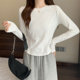 Irregular Patchwork White Long-Sleeved T-Shirt for Women, New Autumn and Winter Korean Style Slim Fit Curved Hem Top, Short Base Shirt
